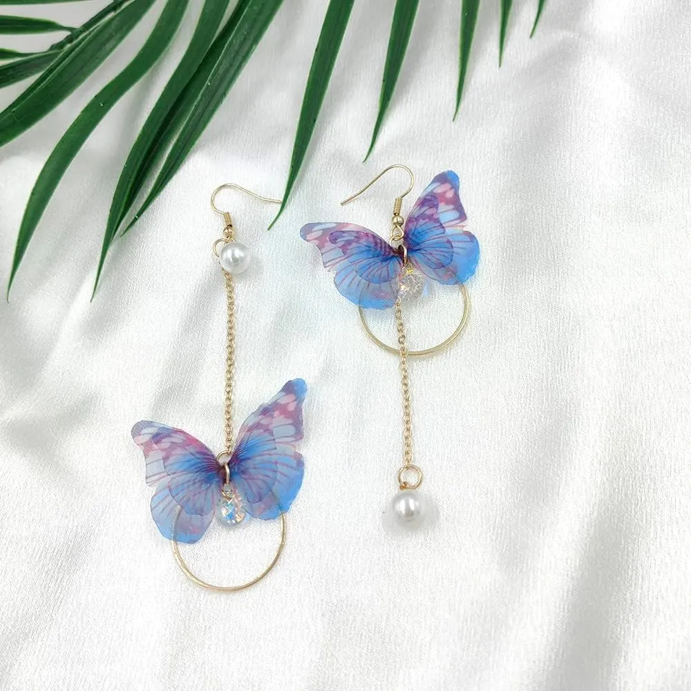 Asymmetric Butterfly Pearl Circle Drop Dangle Earrings With Tassel and Colored Tulle Wings