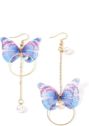 Asymmetric Butterfly Pearl Circle Drop Dangle Earrings With Tassel and Colored Tulle Wings