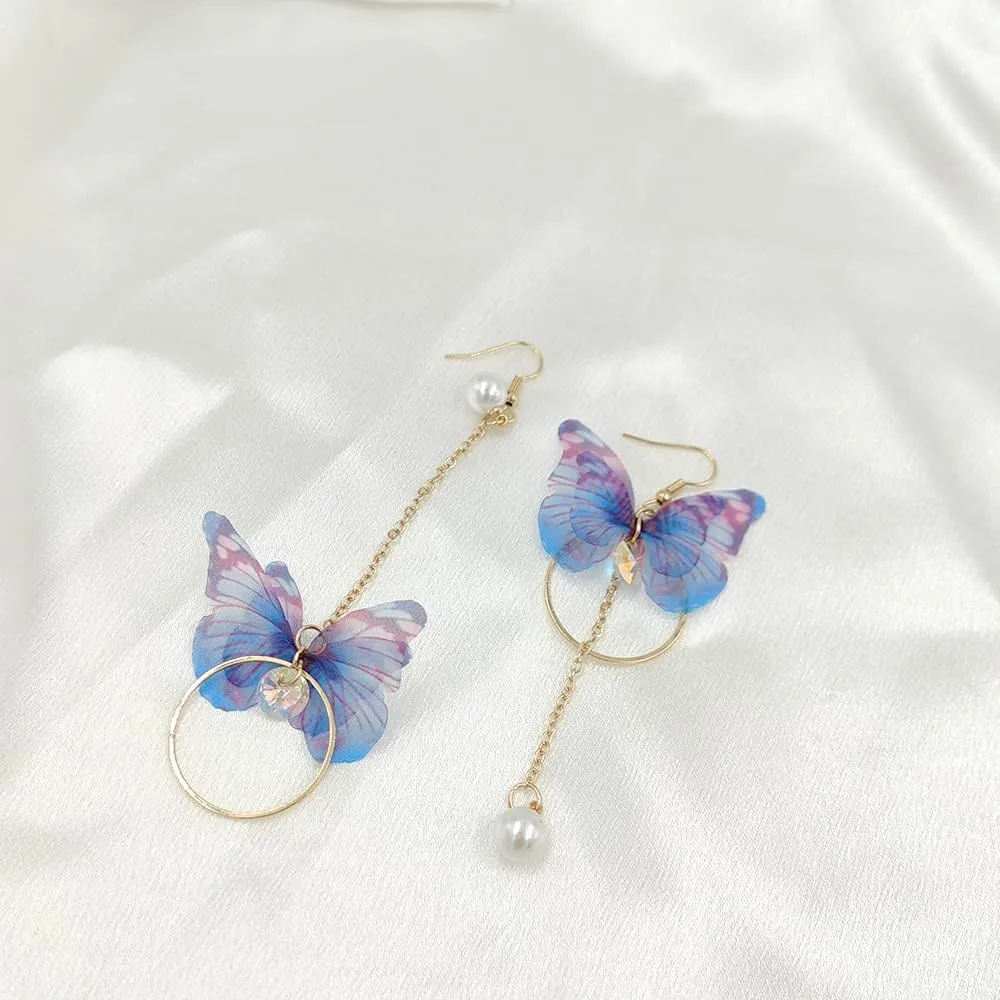 Asymmetric Butterfly Pearl Circle Drop Dangle Earrings With Tassel and Colored Tulle Wings