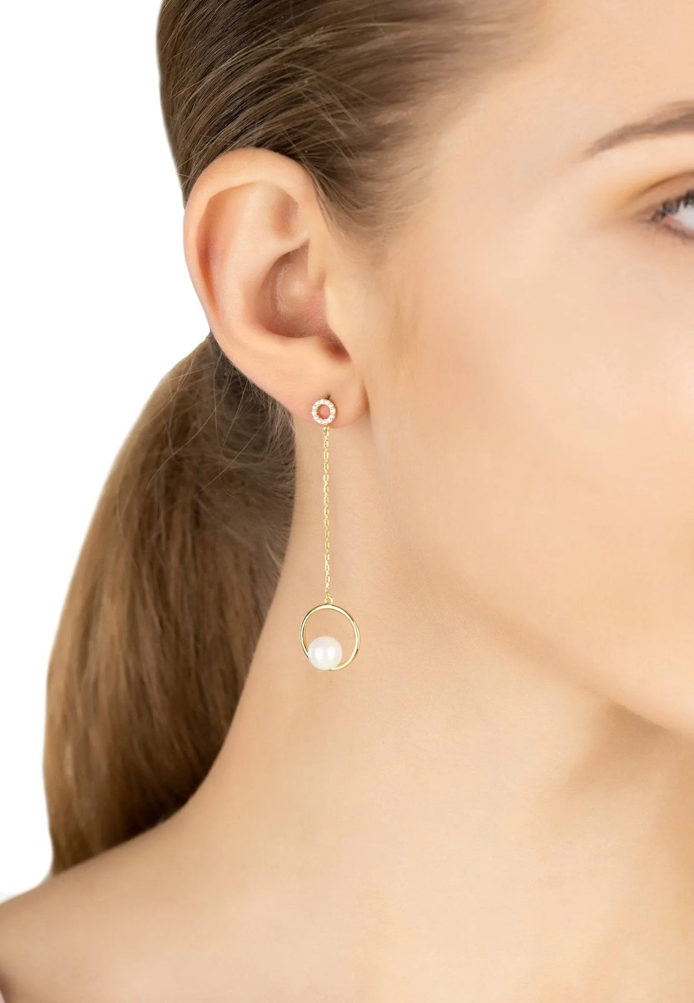 Asymmetric Circle & Pearl Earrings Gold