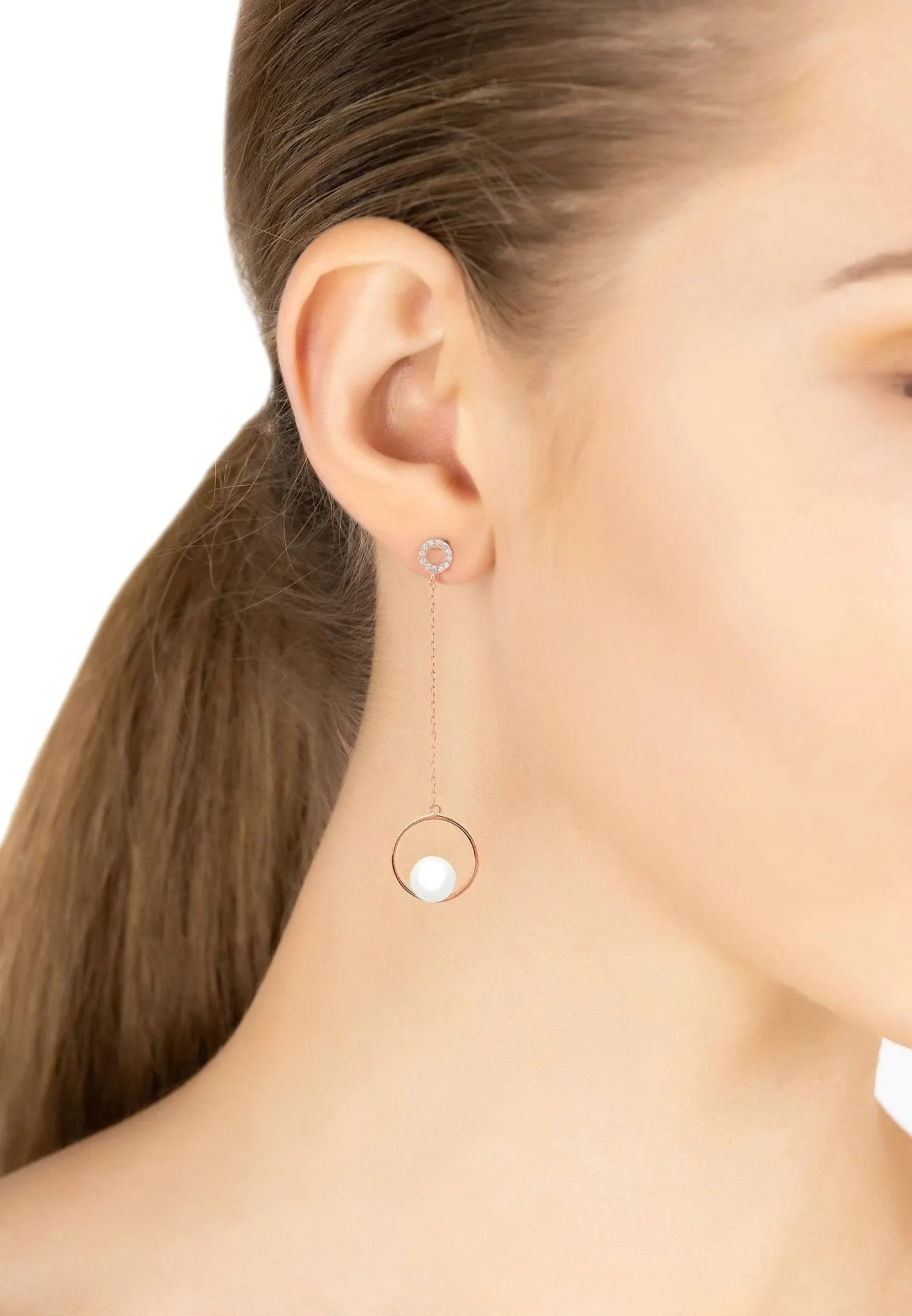 Asymmetric Circle & Pearl Earrings Rosegold
