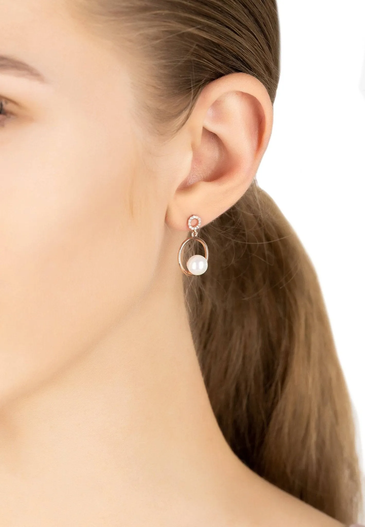 Asymmetric Circle & Pearl Earrings Rosegold