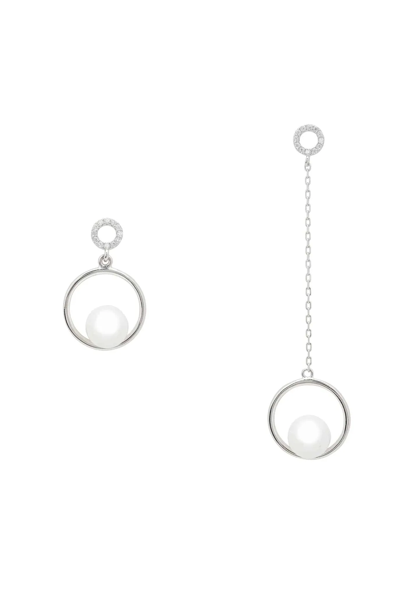 Asymmetric Circle & Pearl Earrings Silver