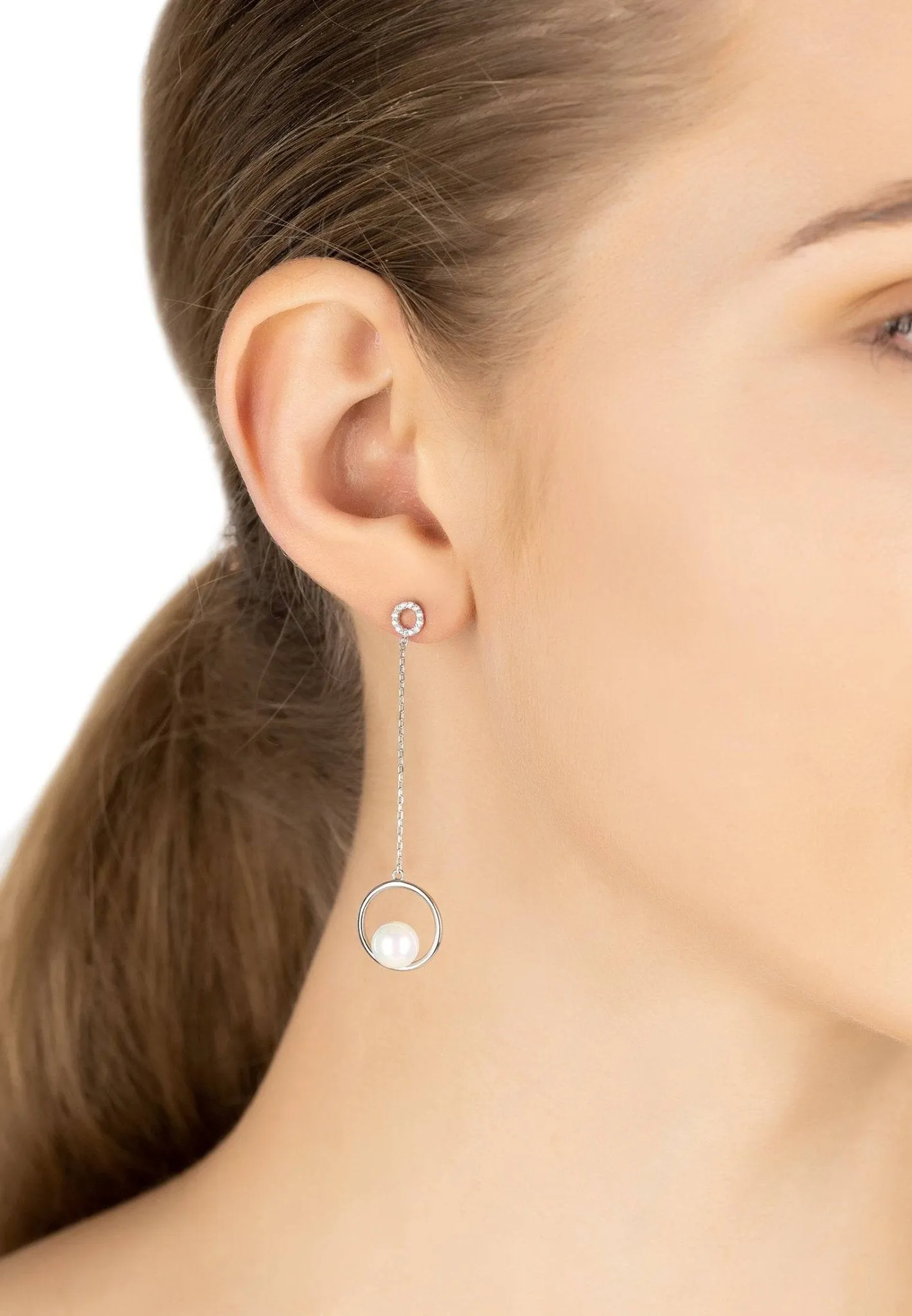Asymmetric Circle & Pearl Earrings Silver
