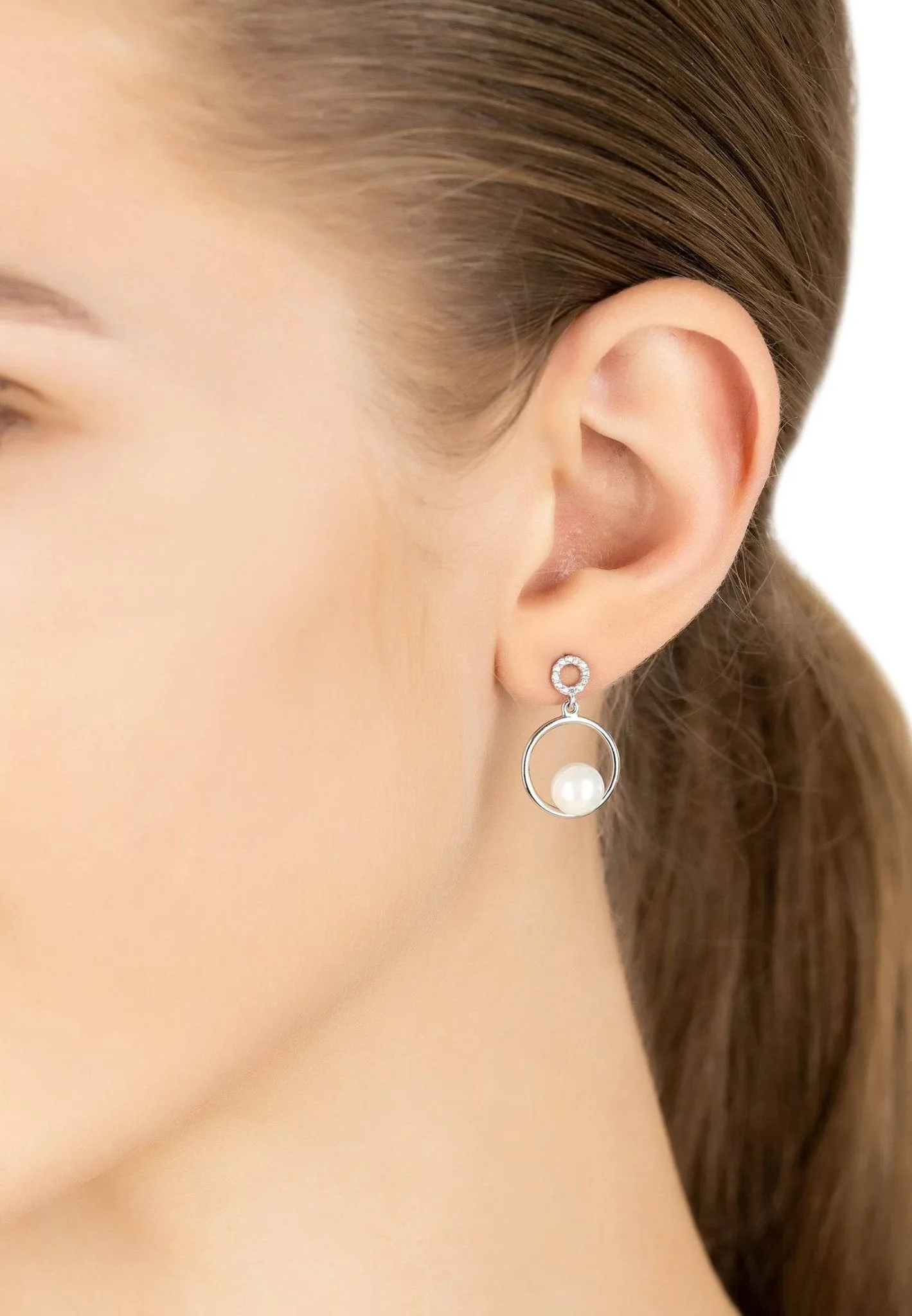 Asymmetric Circle & Pearl Earrings Silver