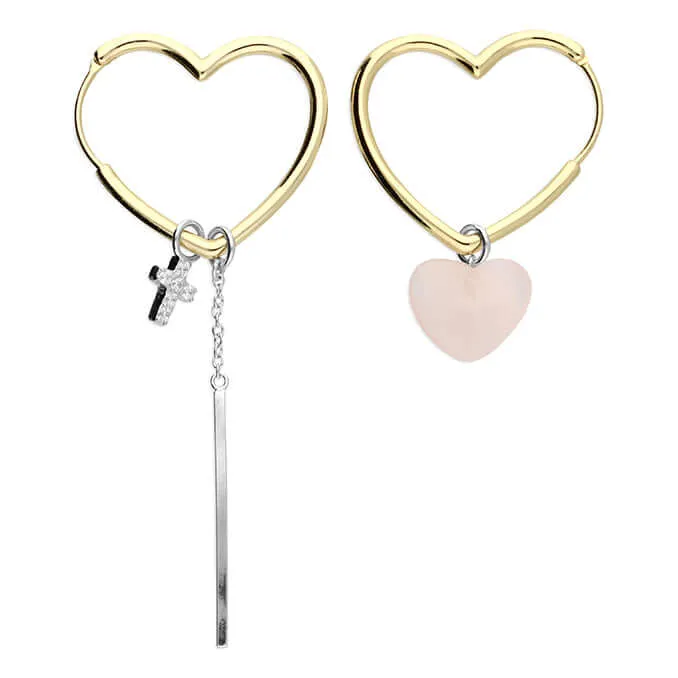 Asymmetric Heart Charm Earrings With Rose Quartz