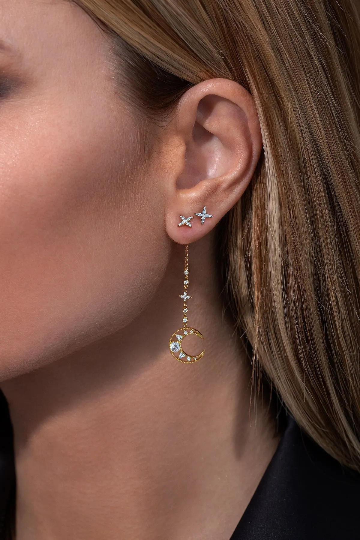 Asymmetric Moon Drop Earring and Stud - Yellow Silver