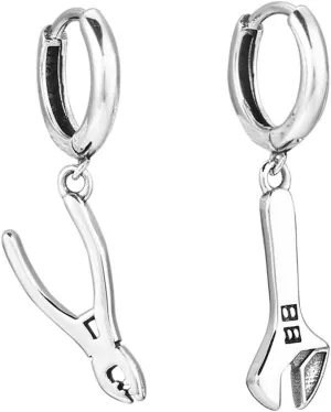 Asymmetric Pliers Wrench S925 Sterling Silver Dangle Drop Small Hoop Earrings for Women Men Teen Boys Couples Personalized Vintage Dangling Hypoallergenic Gifts for Best Friend Birthday