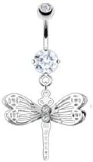 Belly Button Ring 316L Surgical Steel Layered Wing Gemmed Dragonfly Navel Ring 14g 3/8"