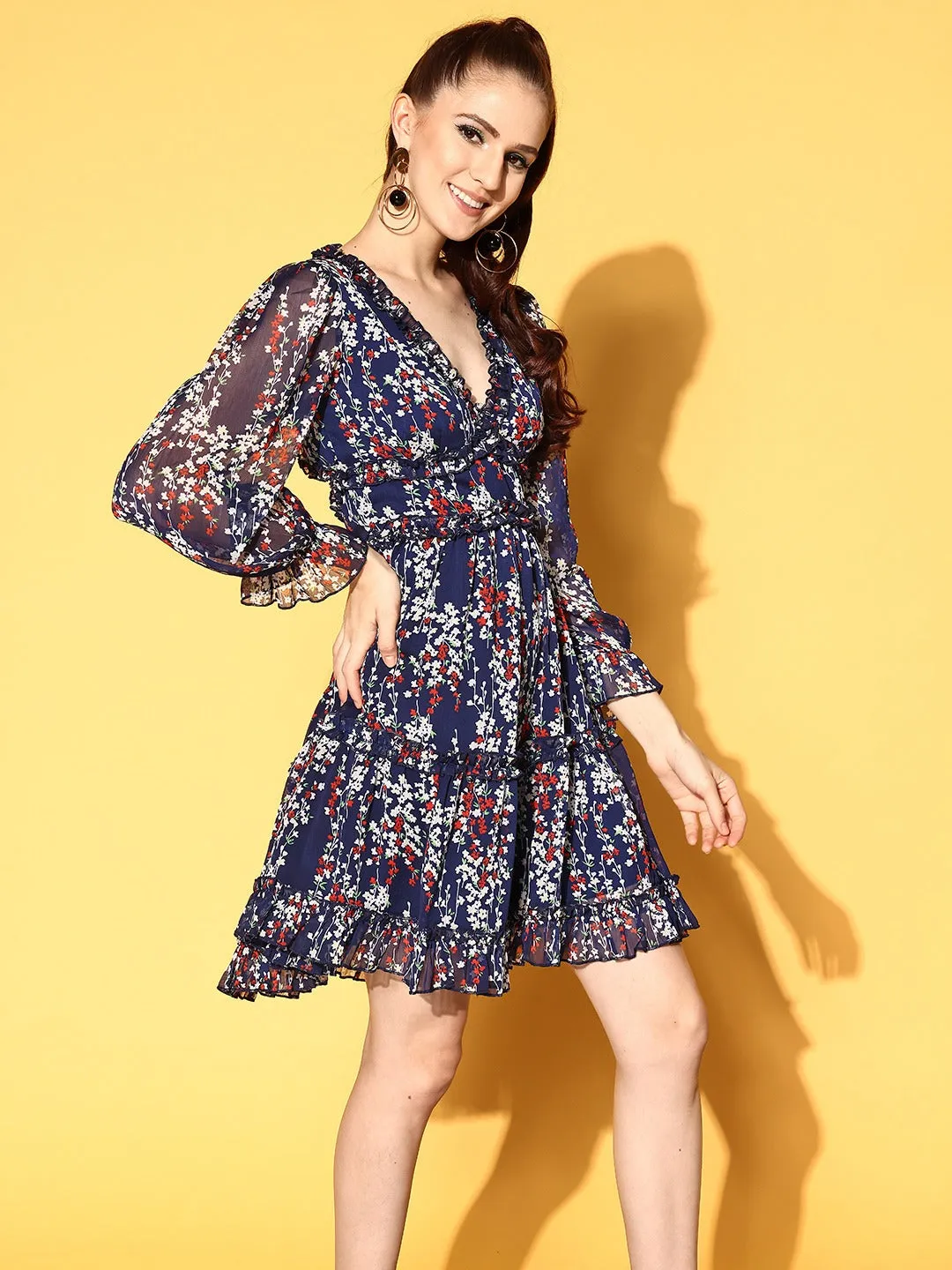 Berrylush Women Navy Blue, White, & Red Floral Printed V-Neck Chiffon Back Cutout Flared A-Line Mini Dress