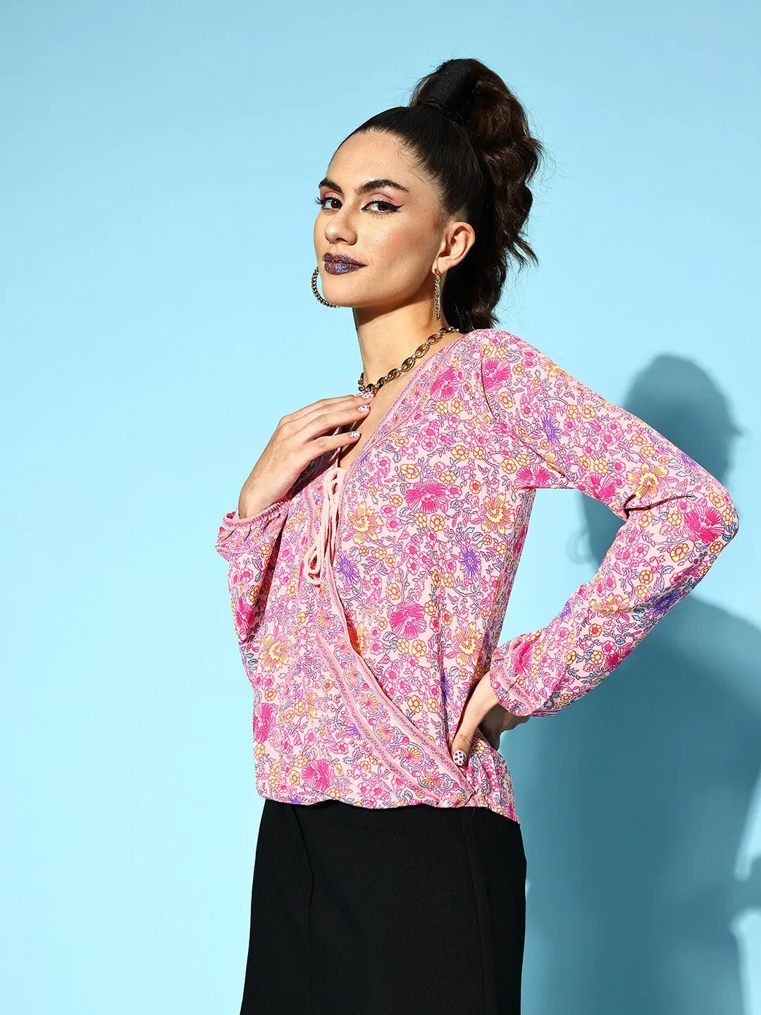 Berrylush Women Pink & White Floral Printed V-Neck Front Tie-Up Polyester Wrap Regular Top