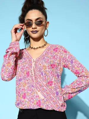 Berrylush Women Pink & White Floral Printed V-Neck Front Tie-Up Polyester Wrap Regular Top