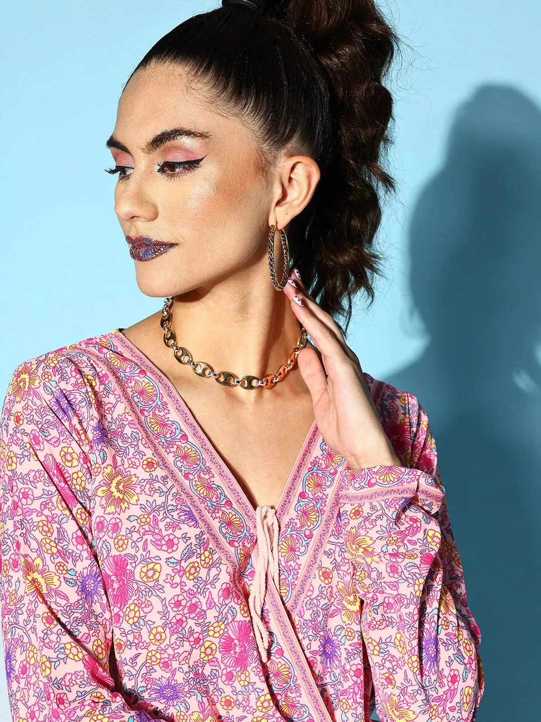 Berrylush Women Pink & White Floral Printed V-Neck Front Tie-Up Polyester Wrap Regular Top