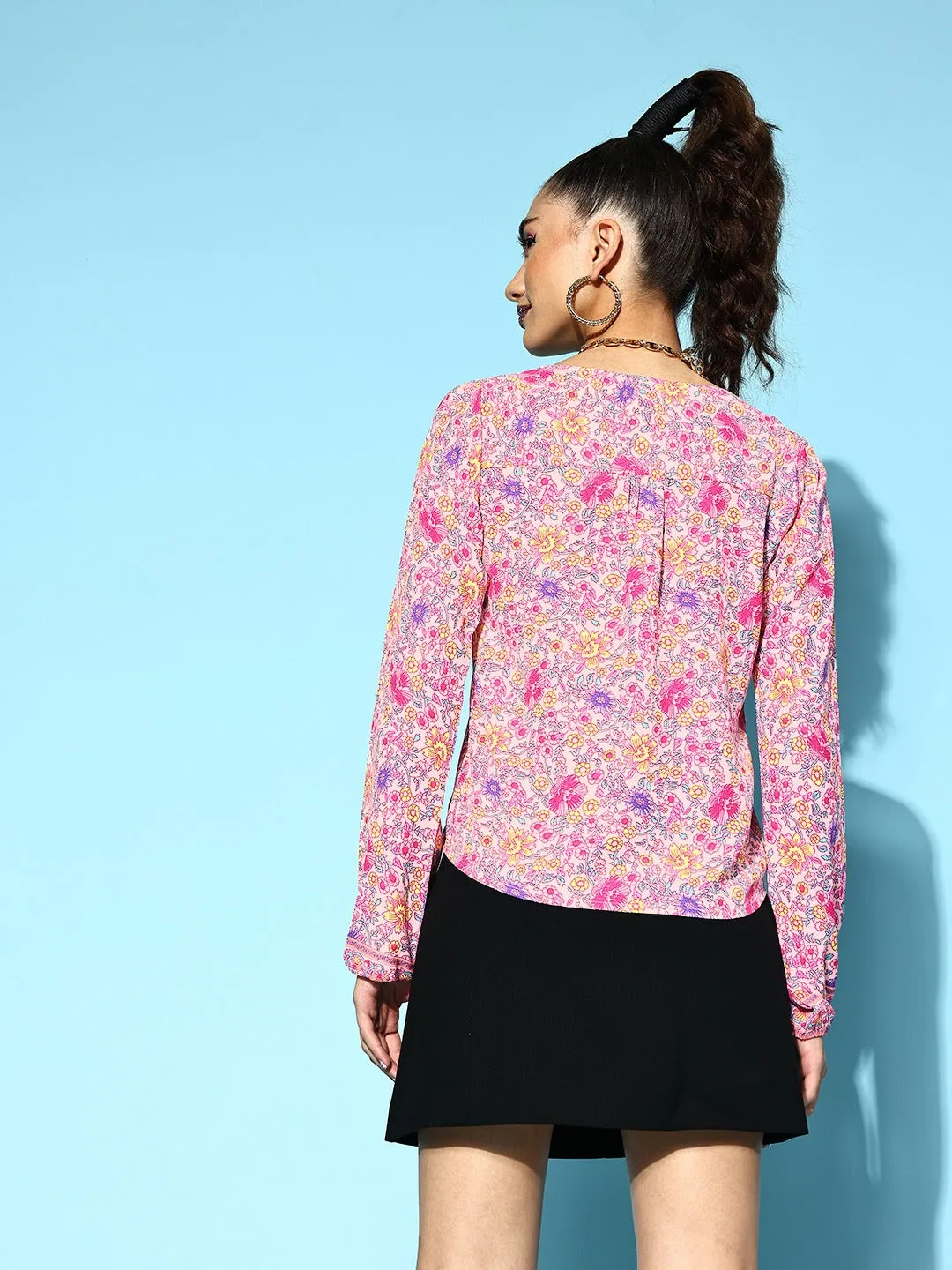 Berrylush Women Pink & White Floral Printed V-Neck Front Tie-Up Polyester Wrap Regular Top