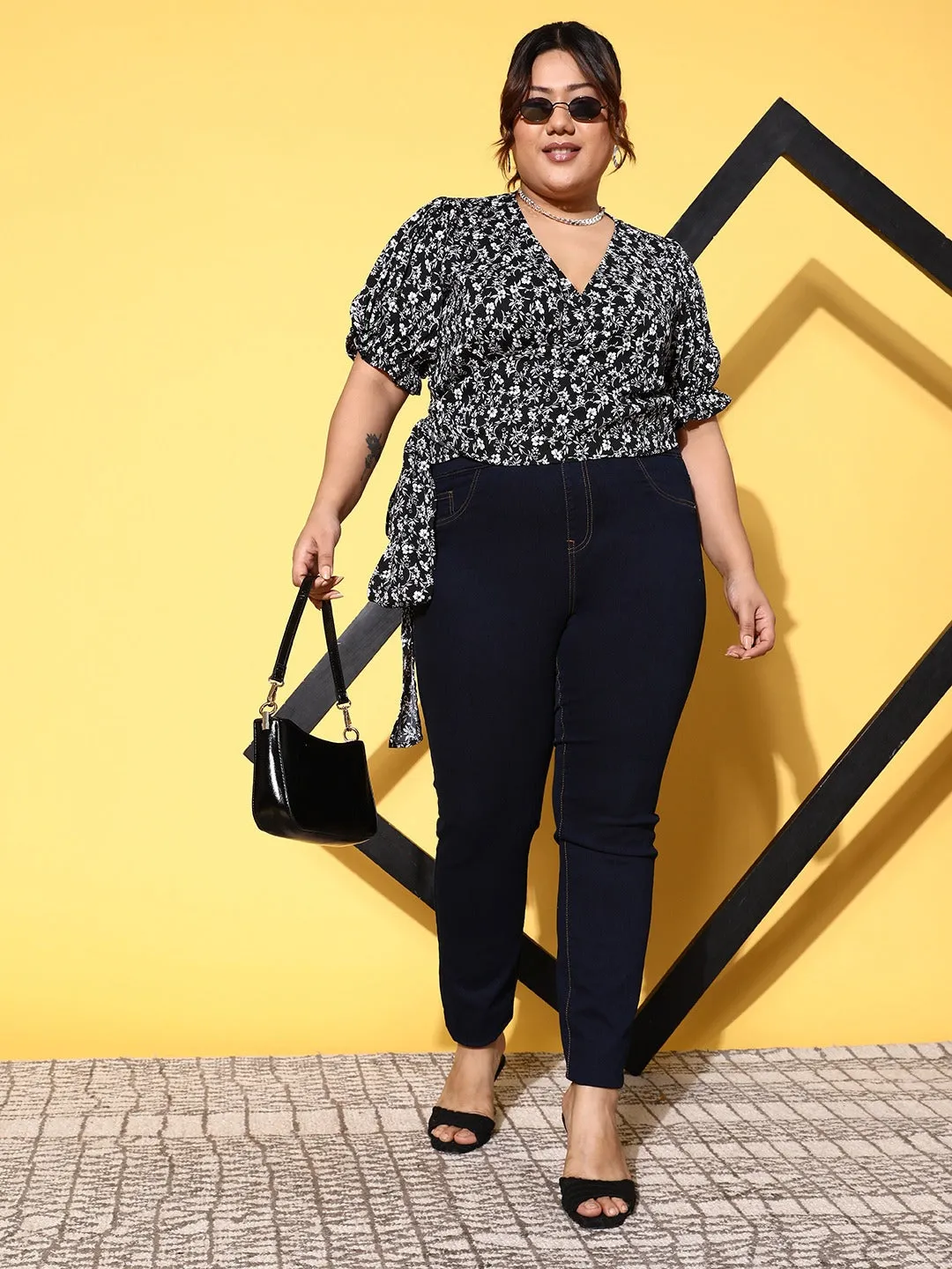 Berrylush Women Plus Size Black & White Floral Printed V-Neck Waist Tie-Up Crepe Wrap Regular Top