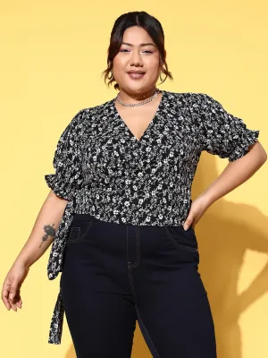 Berrylush Women Plus Size Black & White Floral Printed V-Neck Waist Tie-Up Crepe Wrap Regular Top