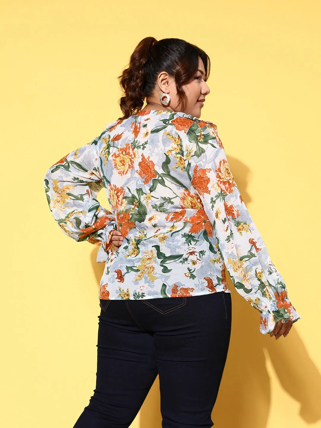Berrylush Women Plus Size Blue & Green Floral Printed V-Neck Button-Up Georgette Ruffled Regular Top