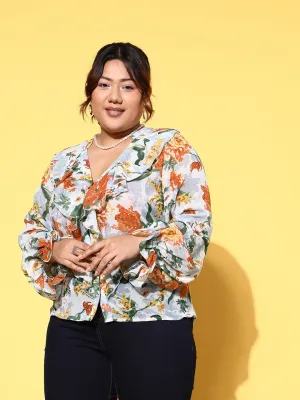 Berrylush Women Plus Size Blue & Green Floral Printed V-Neck Button-Up Georgette Ruffled Regular Top