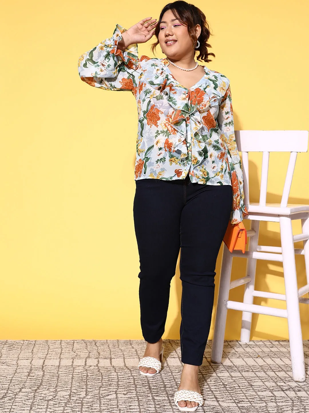 Berrylush Women Plus Size Blue & Green Floral Printed V-Neck Button-Up Georgette Ruffled Regular Top