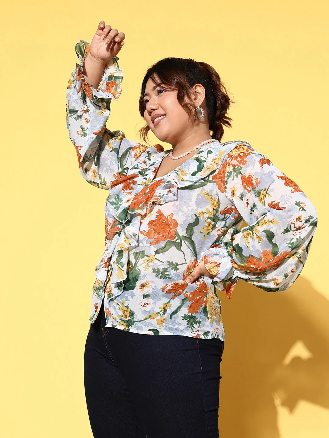 Berrylush Women Plus Size Blue & Green Floral Printed V-Neck Button-Up Georgette Ruffled Regular Top
