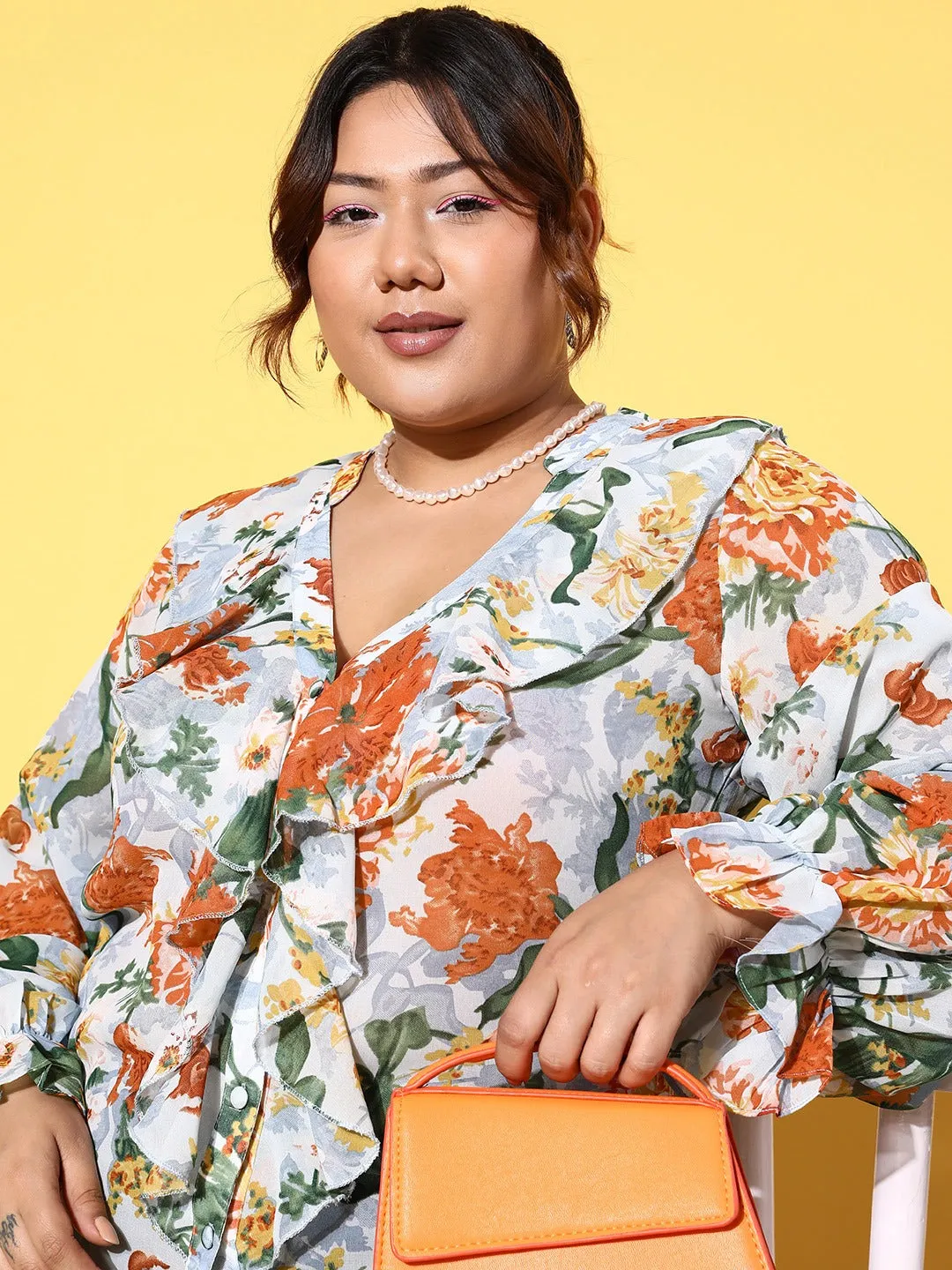 Berrylush Women Plus Size Blue & Green Floral Printed V-Neck Button-Up Georgette Ruffled Regular Top
