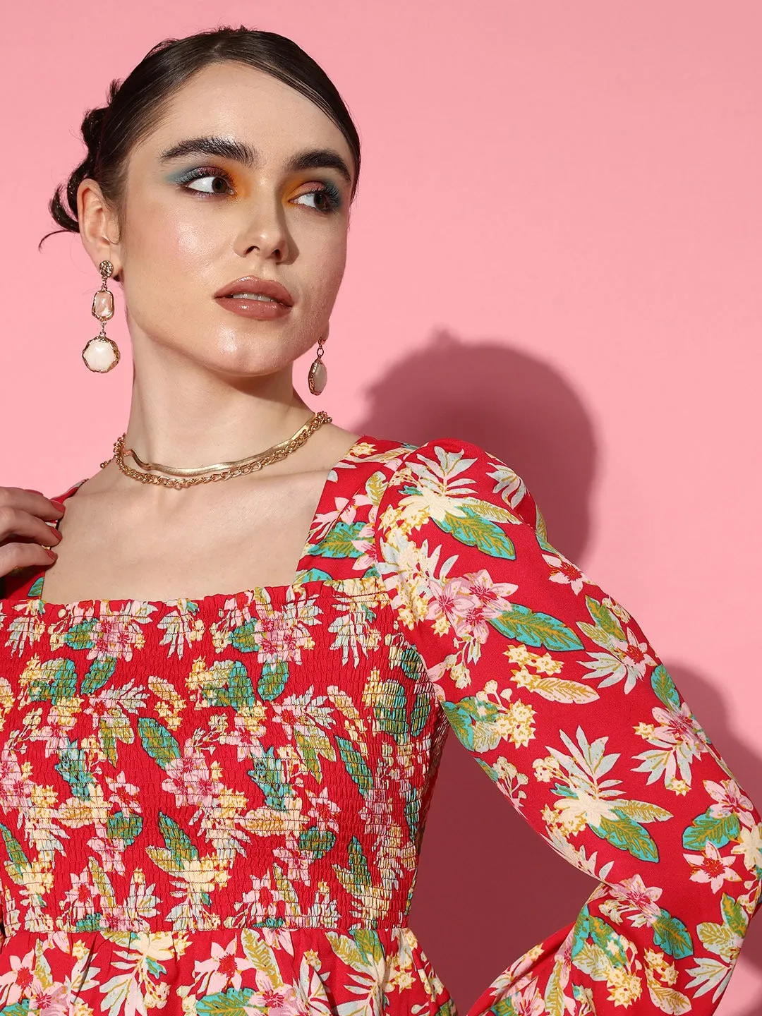 Berrylush Women Red & Multicolour Floral Printed Square Neck Bishop Sleeves Crepe Smocked Crop Peplum Top
