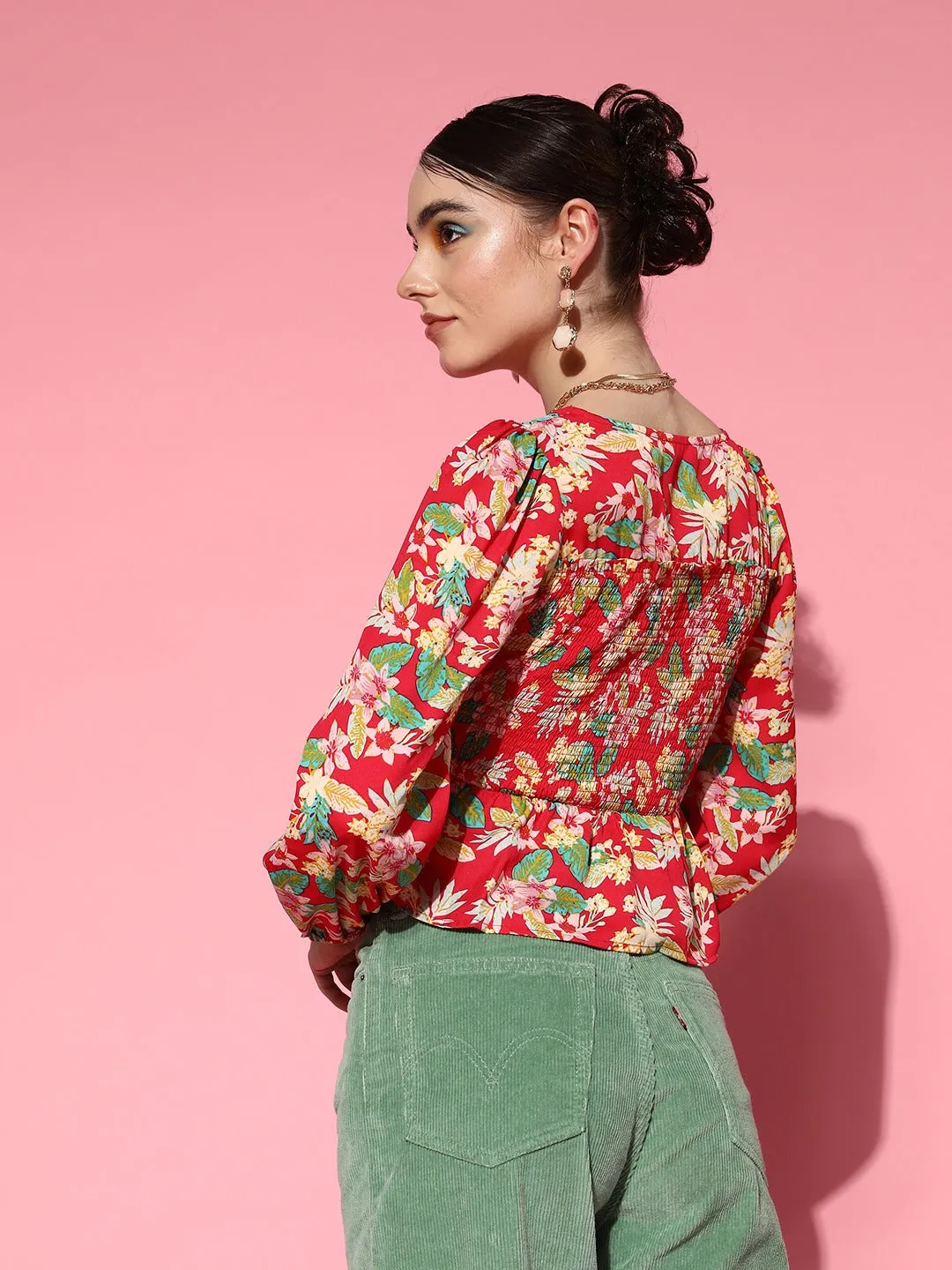 Berrylush Women Red & Multicolour Floral Printed Square Neck Bishop Sleeves Crepe Smocked Crop Peplum Top