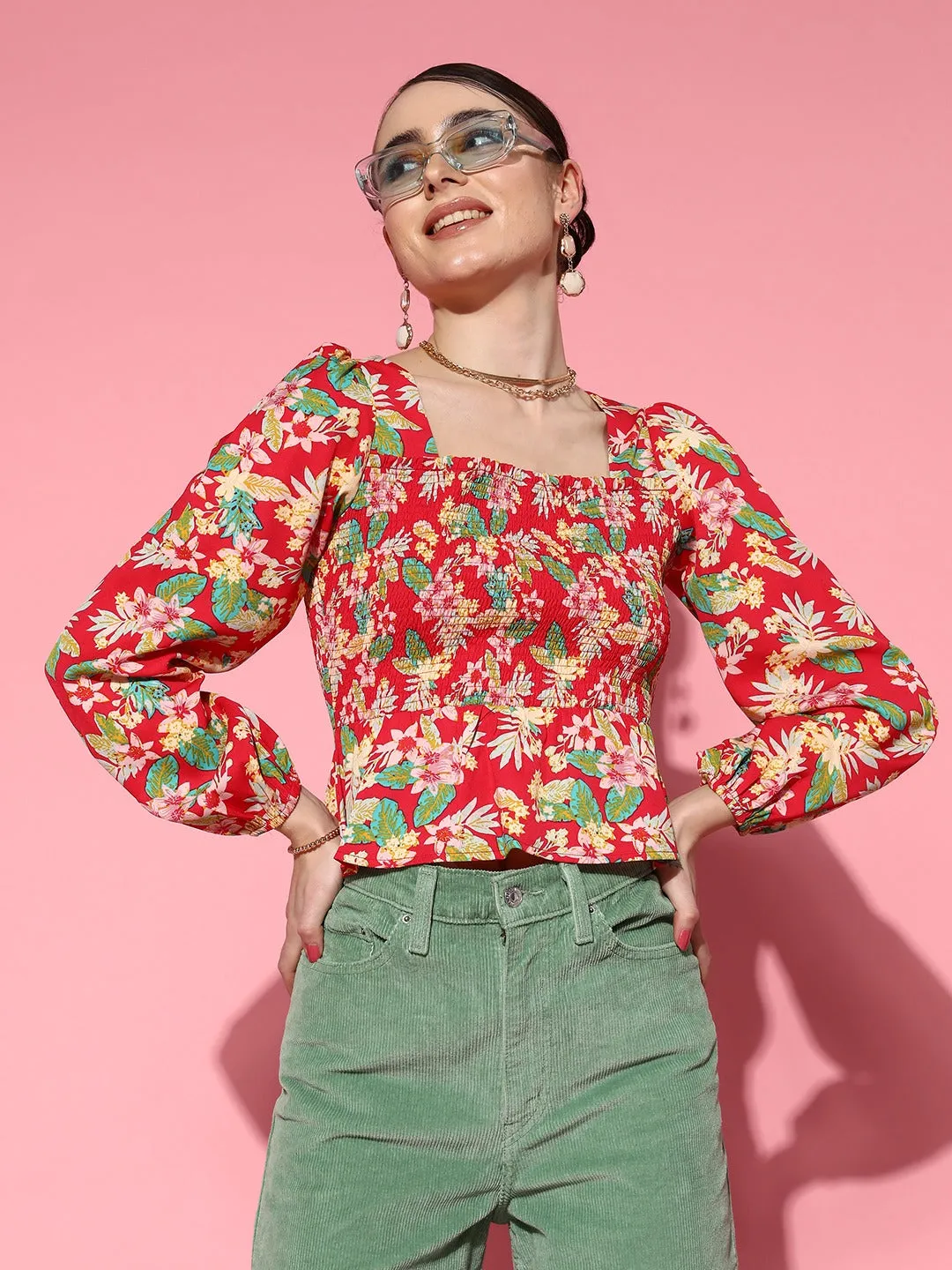 Berrylush Women Red & Multicolour Floral Printed Square Neck Bishop Sleeves Crepe Smocked Crop Peplum Top