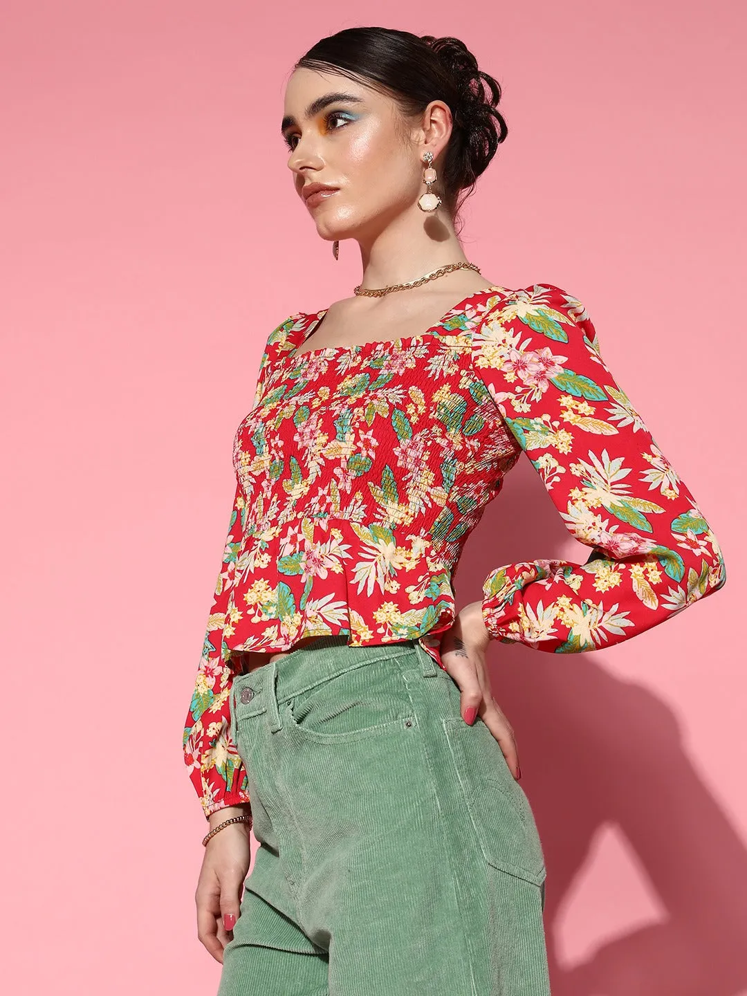 Berrylush Women Red & Multicolour Floral Printed Square Neck Bishop Sleeves Crepe Smocked Crop Peplum Top