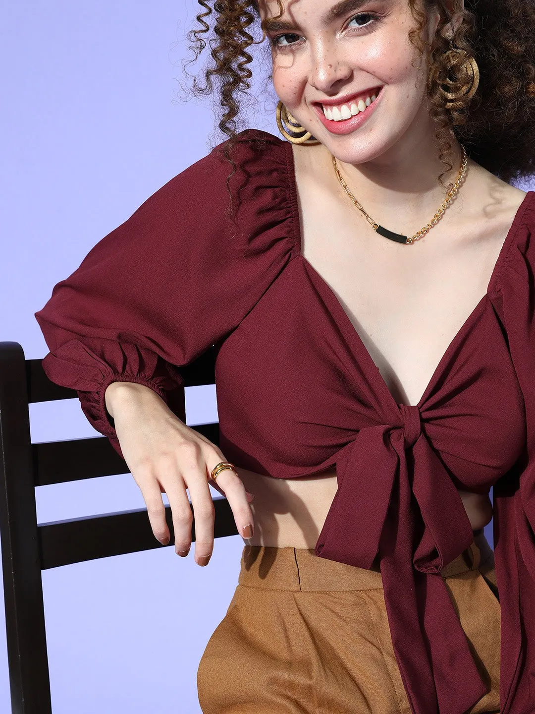 Berrylush Women Solid Maroon Sweetheart Neck Front Tie-Up Crepe Cropped Top