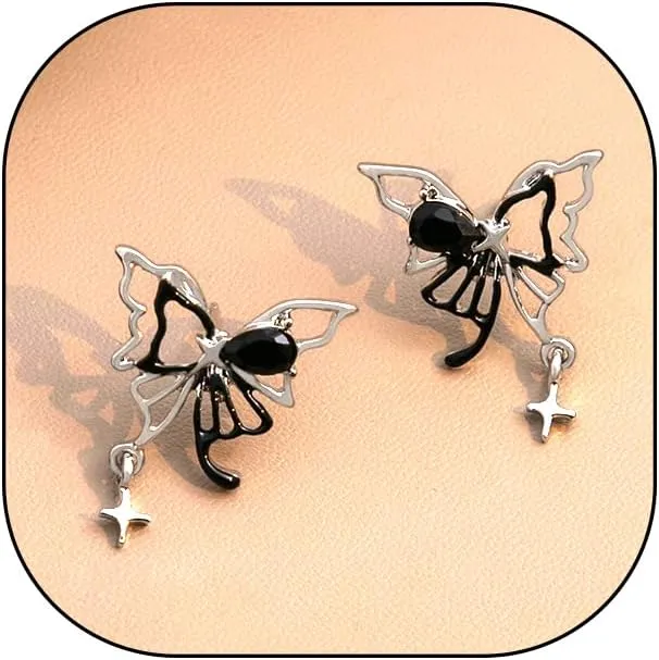 Black Crystal Hollow Butterfly Star Dangle Earrings for Women Gothic Asymmetric Butterfly Tassel Earrings Fashion Butterfly Drop Earrings Jewelry Gift