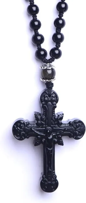 Black Obsidian Cross Necklace, Natural Obsidian Cross Healing Crystal Energy Stone Protection Amulet Charm Pendant Necklace for Women Men Couples Pendant Necklace with Adjustable Bead Chain