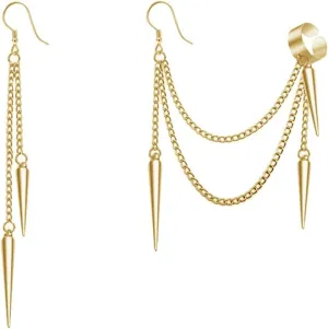 Black Spike Asymmetric Threader Drop Dangle Earrings for Women Men Teen Girls Boys Punk Personalized Cartilage No Pierced Cuff Long Chain Fish Hook Piercing Hanging Earrings for Boyfriend Daughter Son