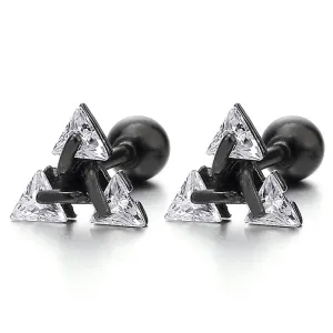 Black Stainless Steel Triangle Cubic Zirconia Stud Earrings for Men and Women, Screw Back Post, 2pcs, Ideal for Adding Sparkle to Everyday Outfits or Special Occasions