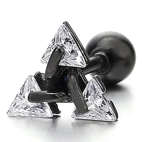 Black Stainless Steel Triangle Cubic Zirconia Stud Earrings for Men and Women, Screw Back Post, 2pcs, Ideal for Adding Sparkle to Everyday Outfits or Special Occasions