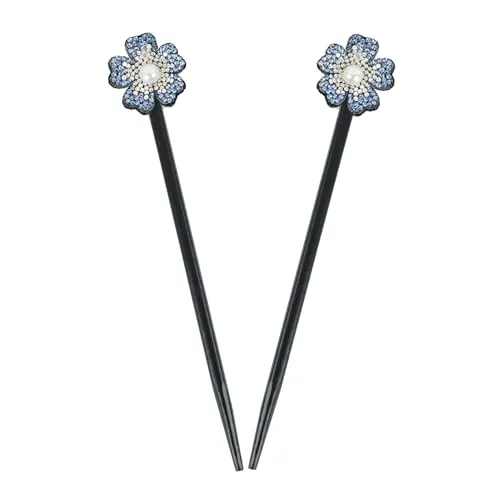 Black Wooden Hair Sticks with Rhinestone Flowers, 2 Pieces (Blue)