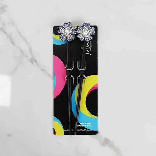 Black Wooden Hair Sticks with Rhinestone Flowers, 2 Pieces (Blue)