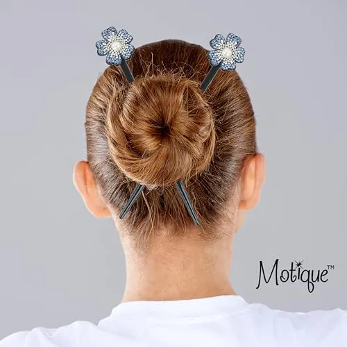 Black Wooden Hair Sticks with Rhinestone Flowers, 2 Pieces (Blue)