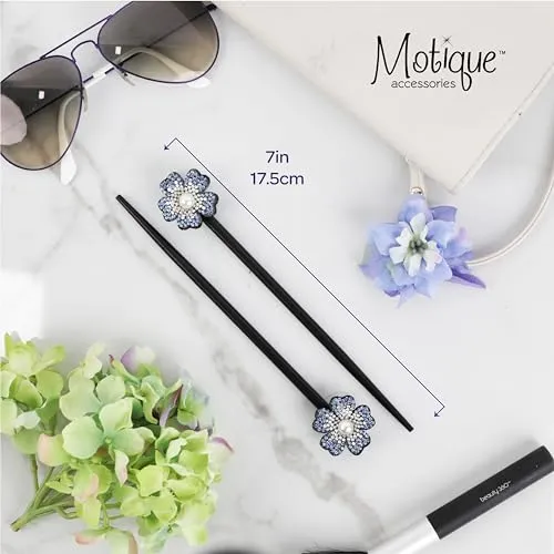 Black Wooden Hair Sticks with Rhinestone Flowers, 2 Pieces (Blue)