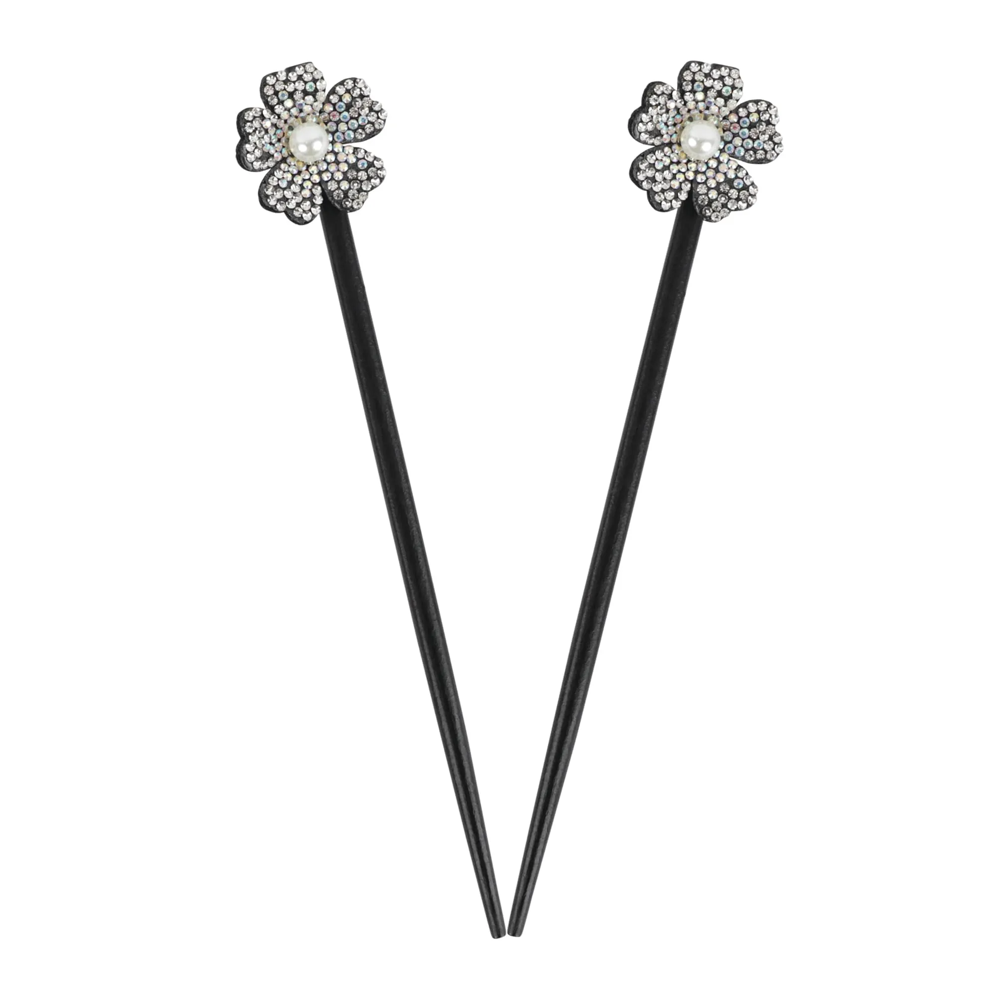Black Wooden Hair Sticks with Rhinestone Flowers, 2 Pieces (Irridescent)