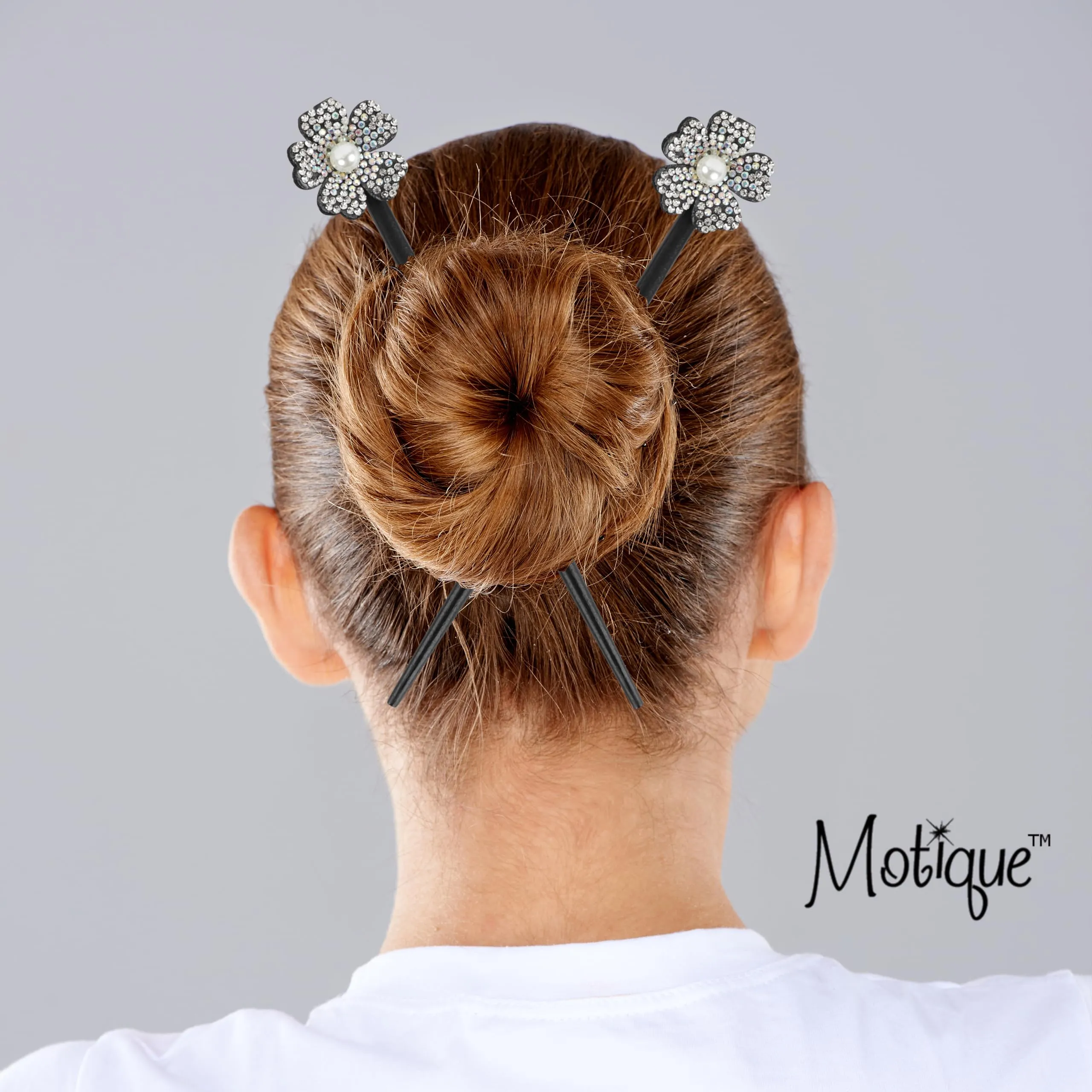 Black Wooden Hair Sticks with Rhinestone Flowers, 2 Pieces (Irridescent)