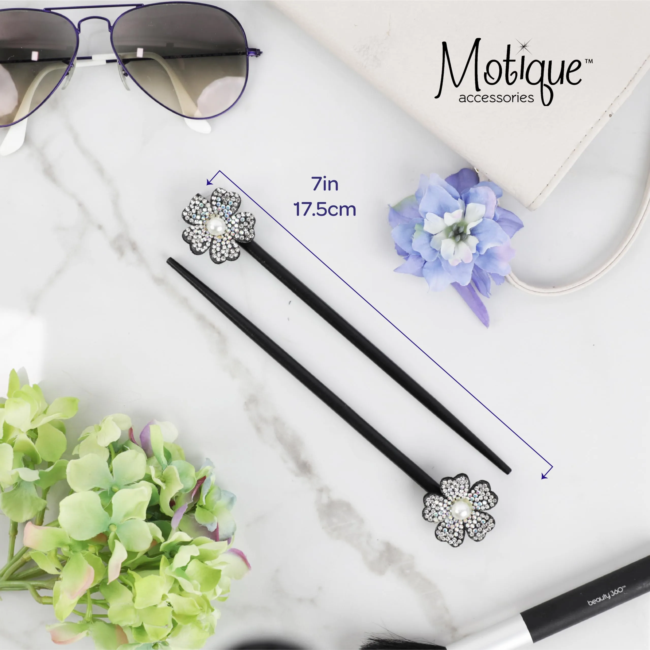 Black Wooden Hair Sticks with Rhinestone Flowers, 2 Pieces (Irridescent)