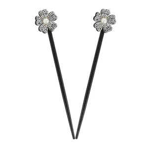 Black Wooden Hair Sticks with Rhinestone Flowers, 2 Pieces (Irridescent)