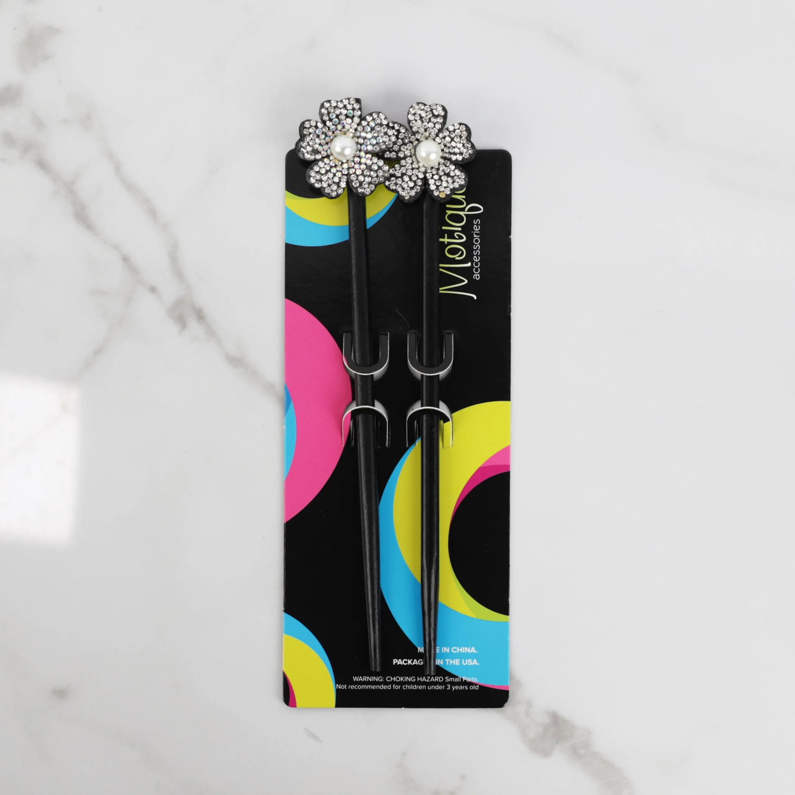 Black Wooden Hair Sticks with Rhinestone Flowers, 2 Pieces (Irridescent)