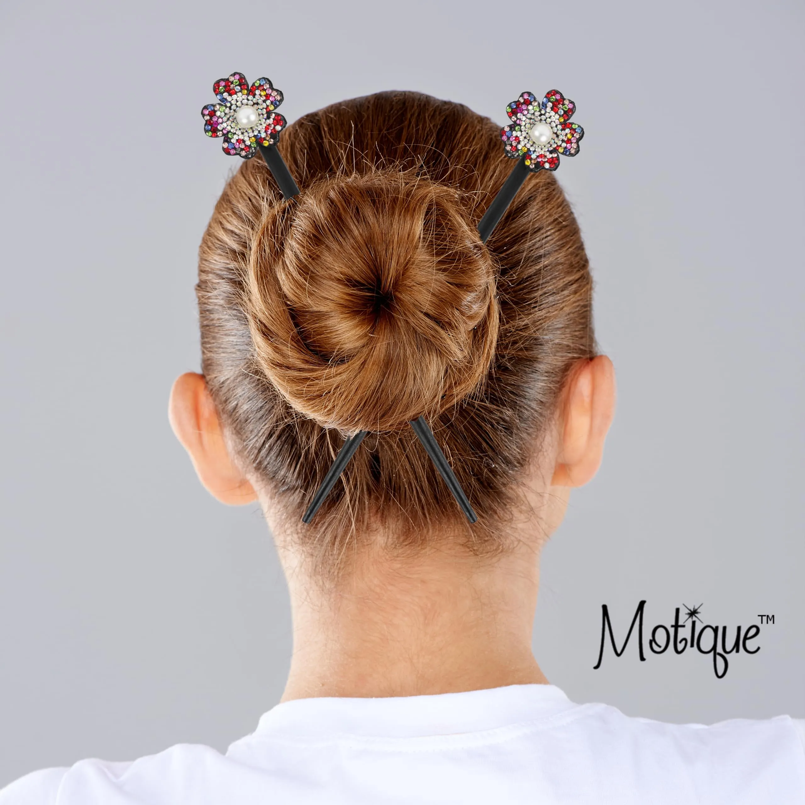 Black Wooden Hair Sticks with Rhinestone Flowers, 2 Pieces (Multi)
