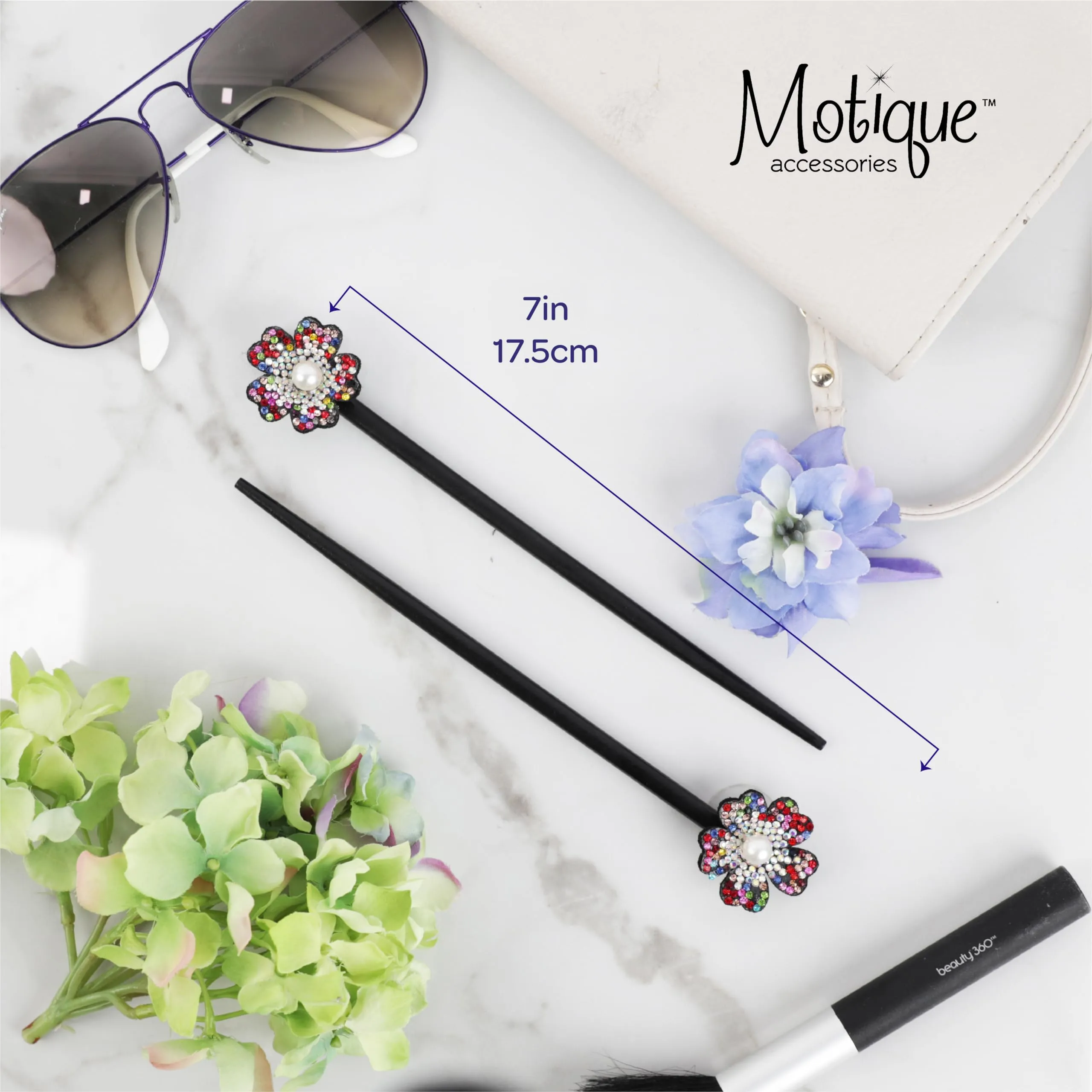 Black Wooden Hair Sticks with Rhinestone Flowers, 2 Pieces (Multi)
