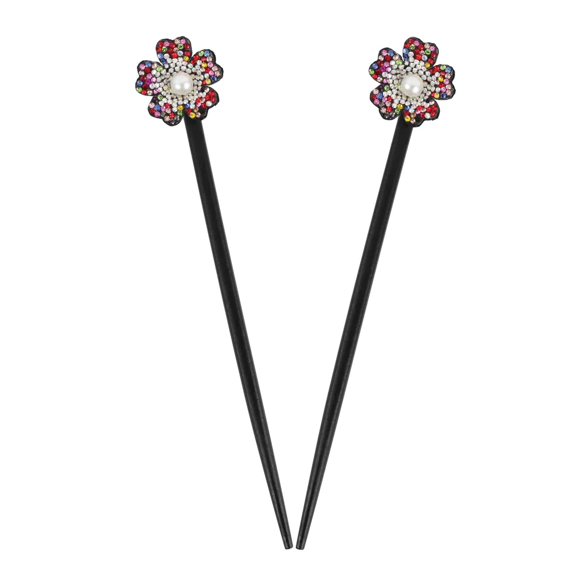 Black Wooden Hair Sticks with Rhinestone Flowers, 2 Pieces (Multi)