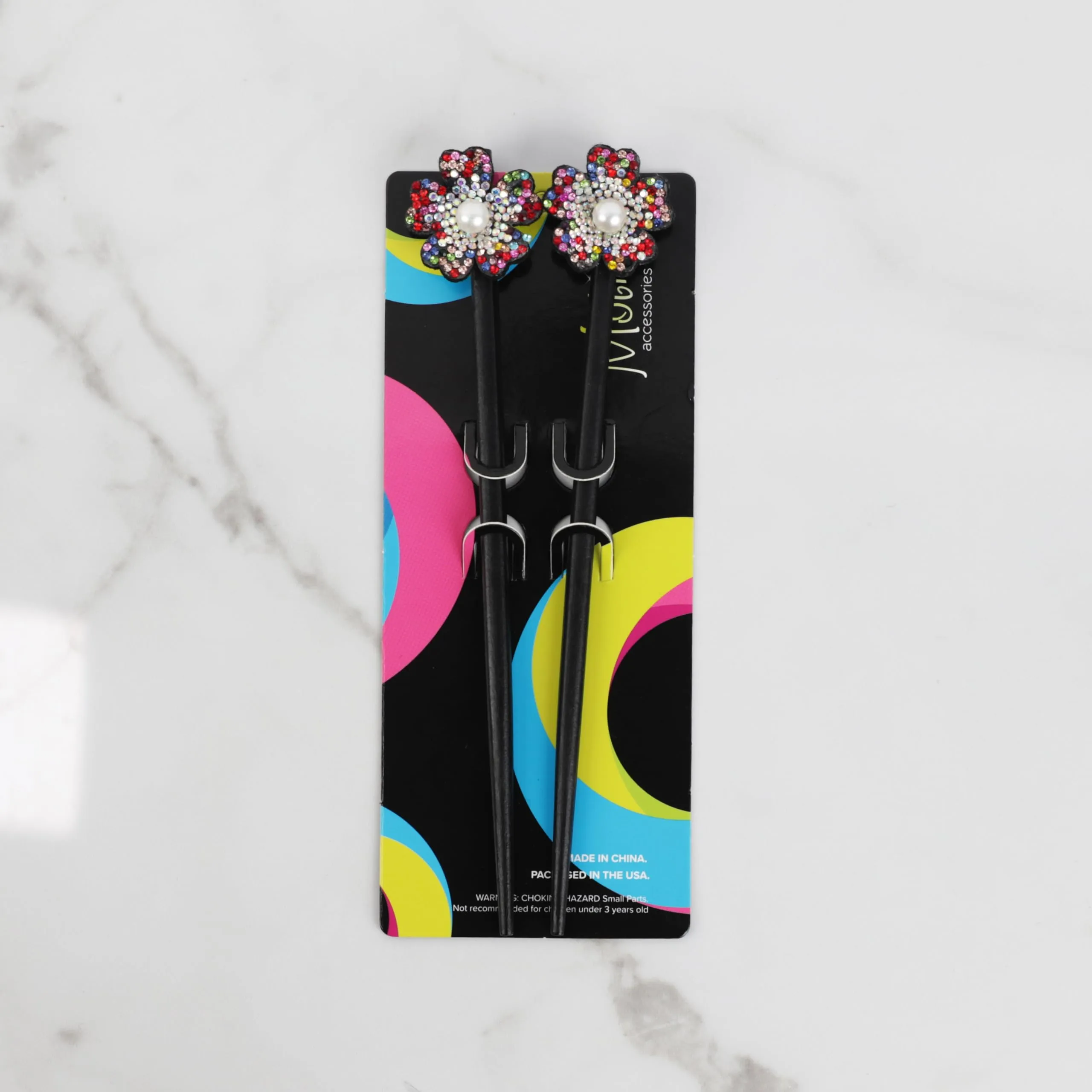 Black Wooden Hair Sticks with Rhinestone Flowers, 2 Pieces (Multi)