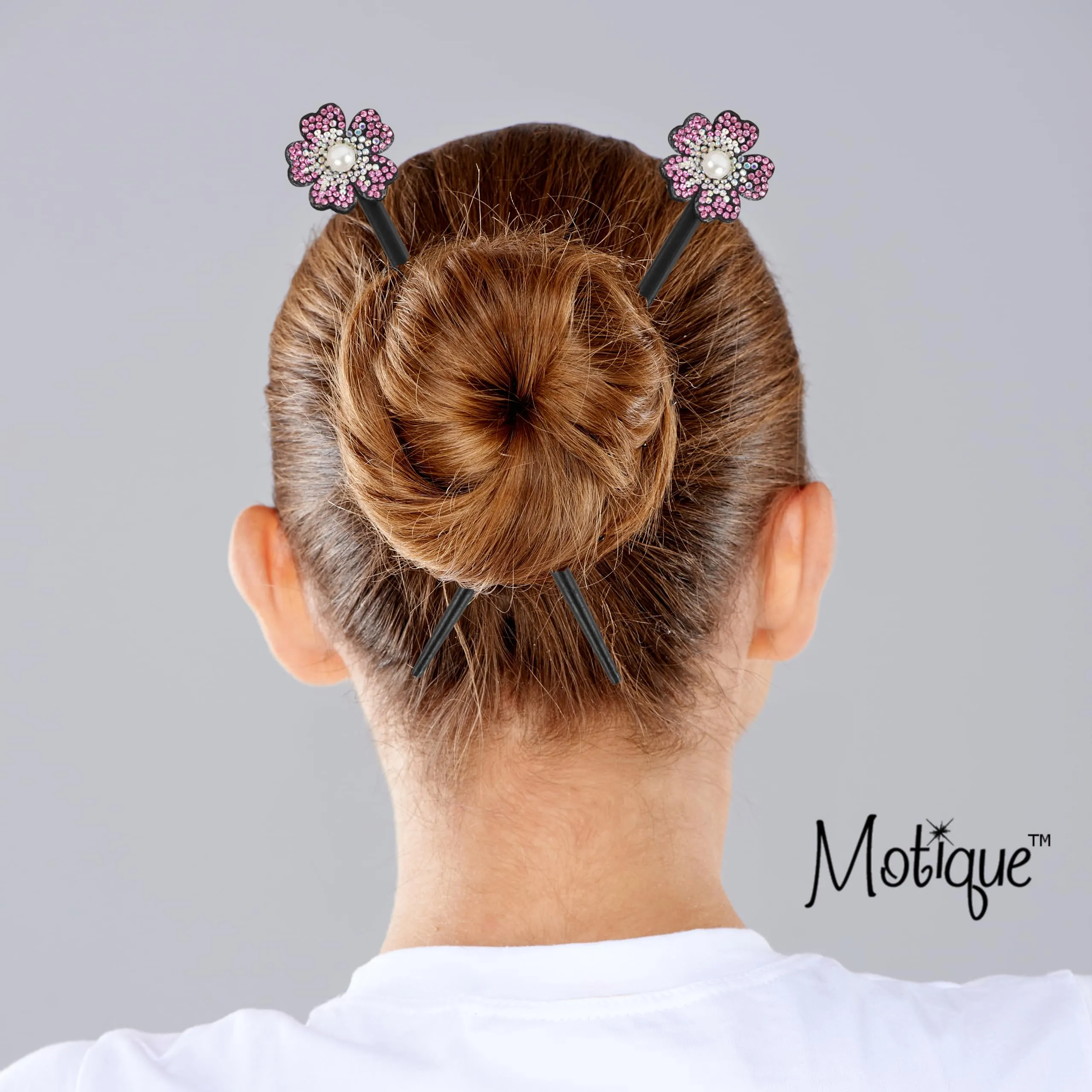 Black Wooden Hair Sticks with Rhinestone Flowers, 2 Pieces (Pink)