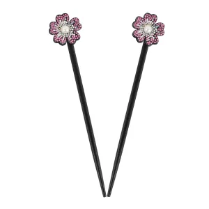 Black Wooden Hair Sticks with Rhinestone Flowers, 2 Pieces (Pink)